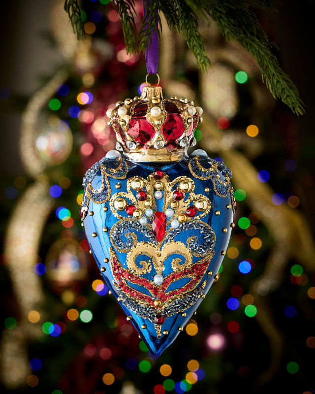 Dark Blue Heart with Red and Gold Crown Ornament